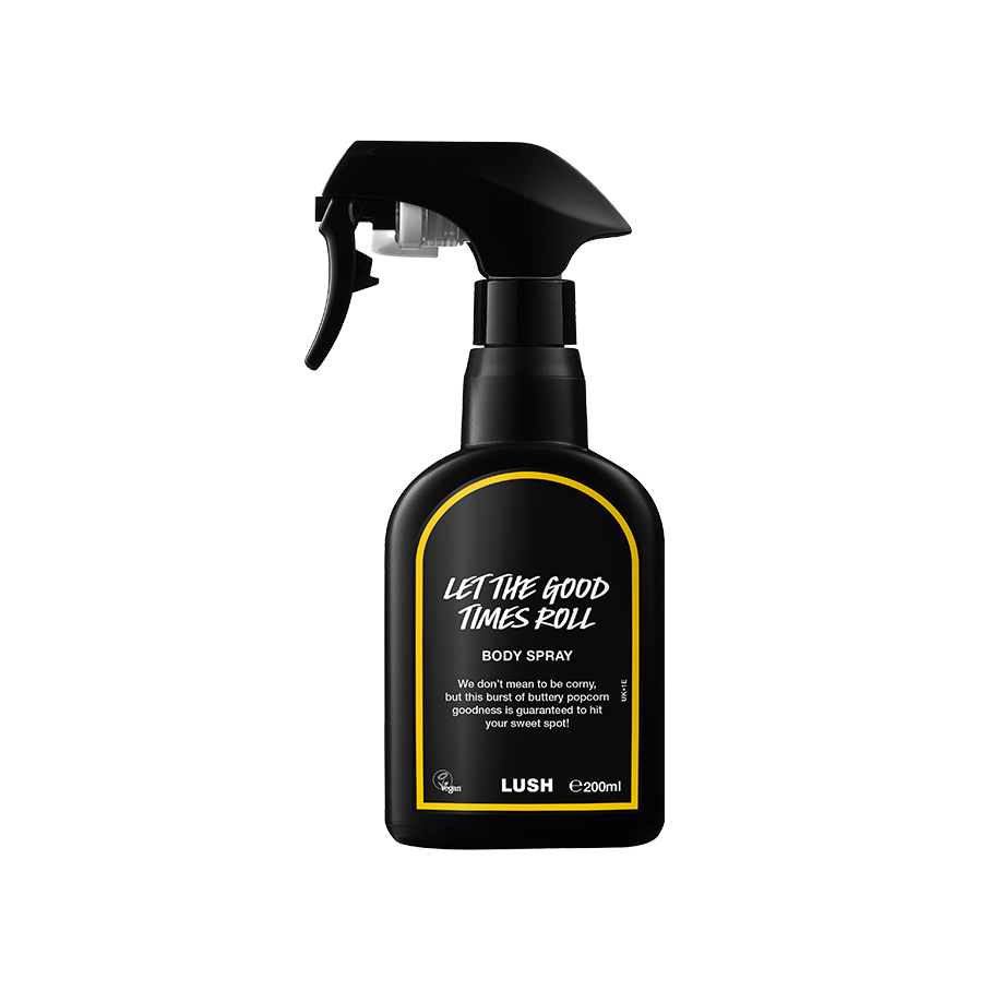 Let The Good Times Roll body spray. A black spray bottle of Lush "Let The Good Times Roll" Body Spray. The product label is black with a deep yellow banded border. White text states the product name and the scent description.