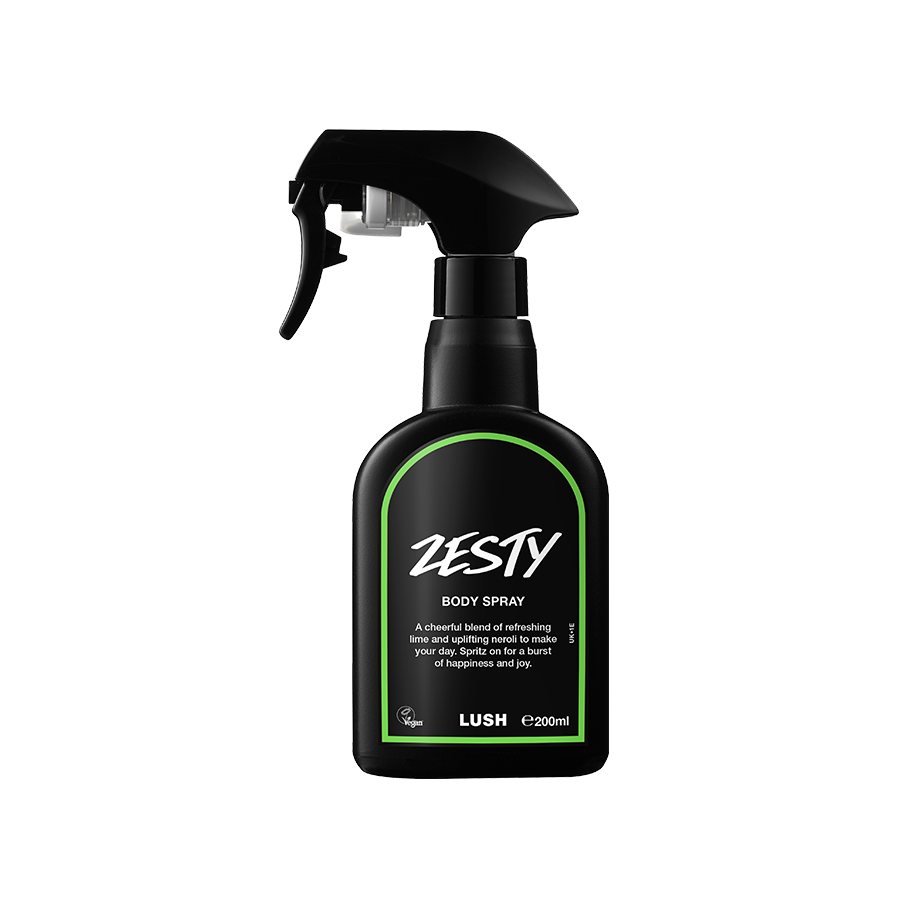 Zesty body spray. A black spray bottle of Lush "Zesty" Body Spray. The product label is black with a bright green banded border. White text states the product name and the scent description.